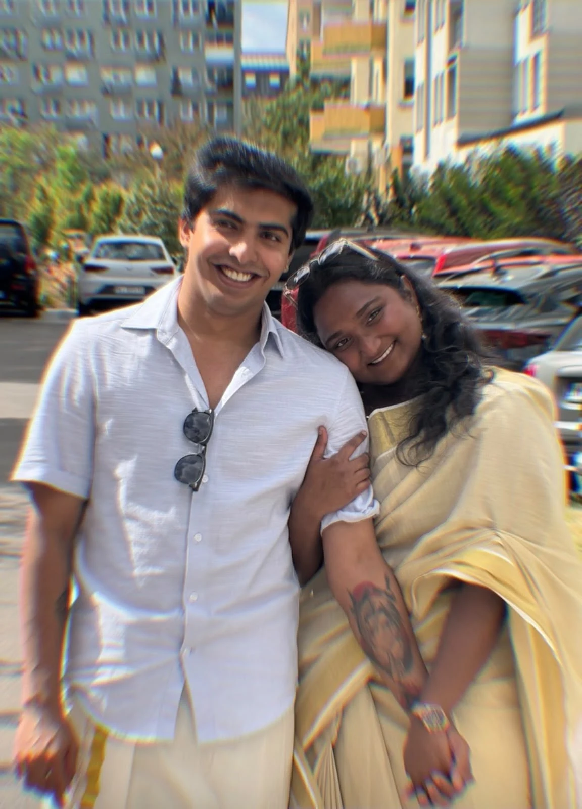 Alma resting her head on Abhishek’s shoulder